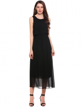

Black O-Neck Sleeveless Solid Chiffon Maxi Tank Dress with Lining, Multicolor