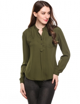 

Army green Asymmetrical Hem Pullover V-Neck Long Sleeve Solid Chiffon Shirts, Multicolor
