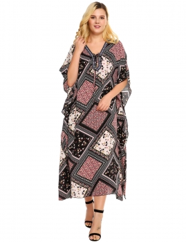 

Black Plus Sizes Loose V Neck 3"4 Sleeve Floral Dress, Multicolor