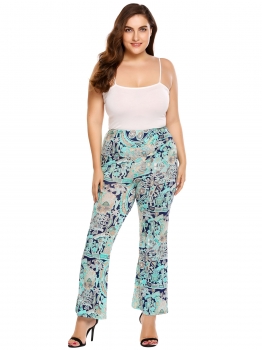 

Green Plus Size Bohemian Style Printing High Waist Flare Pants, Multicolor