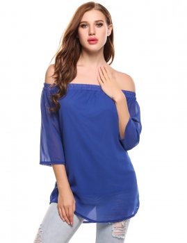

Blue Off the Shoulder 3"4 Sleeve Solid Chiffon Blouse with Lining, Multicolor
