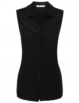 

Black Button-down Collar Lace Patchwork Front Pleated Tank Tops, Multicolor