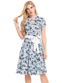 

Light blue Vintage Styles Hollow Out Prints Pleated Hem Dress, Multicolor