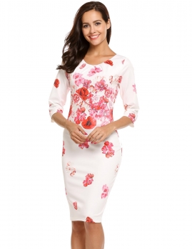 

Red Vintage Style Half Sleeve Draped Floral Print Bodycon Dress, Multicolor