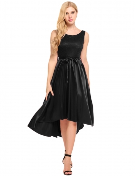 

Black Lace Satin High Low Hem Belted Dress, Multicolor