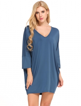 

Blue Short Sleeve Solid V Neck Loose Dress, Multicolor