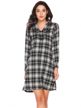 

Black Embroidery Plaid V Neck Knee Length Long Sleeve Shirt Casual Dress, Multicolor
