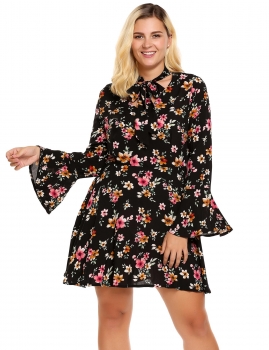 

Black Tie Neck Bell Sleeve Floral Dress, Multicolor