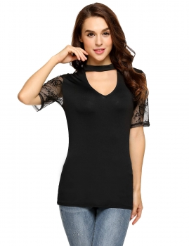 

Black Hater V-Neck Lace Patchwork Sleeve Slim Fit Tops, Multicolor