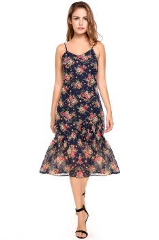 

Dark blue Bohemian Style Spaghetti Strap Floral Ruffles Hem Dress, Multicolor