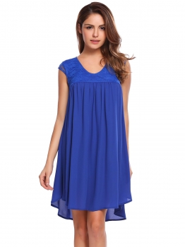 

Blue Women Casual Cap Sleeve Lace Patchwork V Neck Ruched Chiffon A-Line Dress, Multicolor