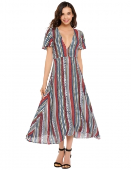 

Short Sleeve Vintage Print V Neck Long Dress, Multicolor