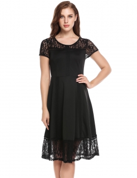 

Black Vintage Styles Lace Hollow Out Patchwork Elastic Party Dress, Multicolor