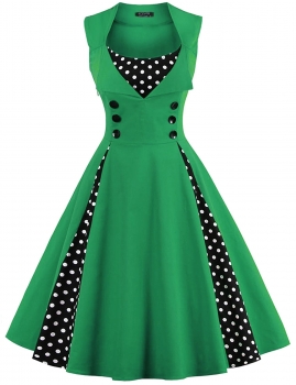 

Green Sleeveless Dot Patchwork Button Swing Dress, Multicolor