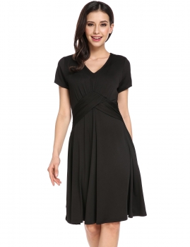 

Black V-Neck Short Sleeve Solid Pleated Waist A-Line Casual Dress, Multicolor
