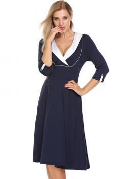 

Navy blue Shawl Lapel 3"4 Sleeve Patchwork Fit and Flare Party Midi Dress, Multicolor