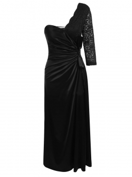 

Black One Shoulder Lace Patchwork Maxi Ruched Dress, Multicolor