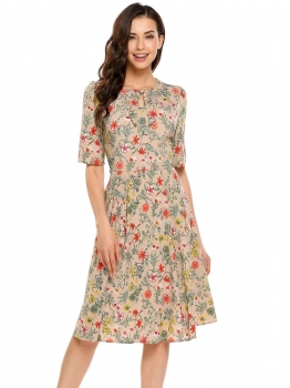 

Khaki Keyhole Half Sleeve O-Neck Floral Print Dress, Multicolor