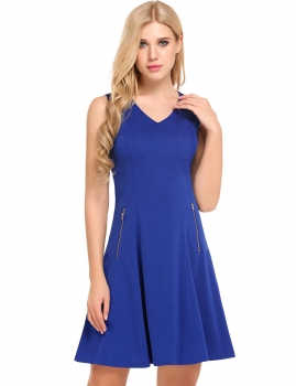 

Blue V-Neck Solid A-Line Pleated Hem Tank Dress, Multicolor