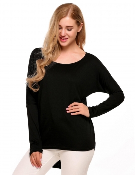 

Black Back Bow Decoration Long Batwing Sleeve Asymmetry Hem Tops, Multicolor