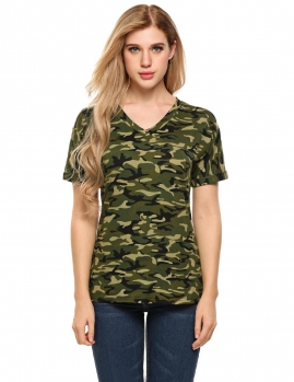 

Dark green Camouflage V-Neck Short Sleeve Print T-Shirt, Multicolor