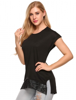 

Black Lace Trim Asymmetrical Short Sleeve Loose T-Shirts, Multicolor