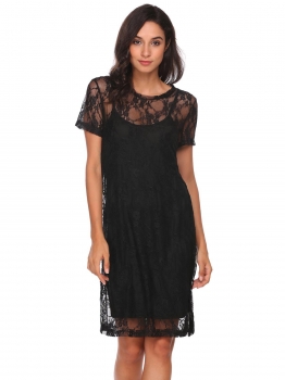 

Black Short Sleeve Lace Outlayer Cocktail Casual Dress, Multicolor