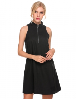 

Black Sleeveless Solid Stand Collar Zipper Shift Dress, Multicolor