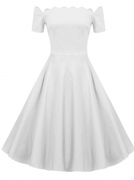 

White Vintage Short Sleeve Off Shoulder Print Cocktail Party Swing Dress, Multicolor