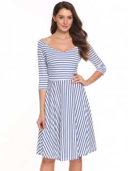 

Blue Vintage 3"4 Sleeve Stripes V Neck Swing Dress, Multicolor