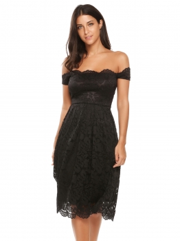 

Black Vintage Lace Scallop Trimmed Off Shoulder Dress, Multicolor