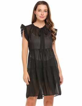 

Black Sleeveless Solid Bow Neck Ruffles Chiffon Dress, Multicolor