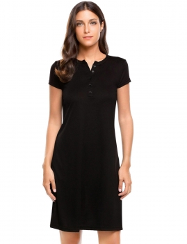 

Black 4-Button Short Sleeve Solid Summer Tunic Casual Dress, Multicolor