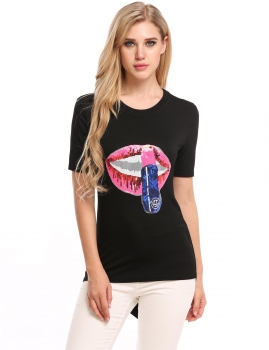 

Black Sequins Asymmetrical Hem Back Zip Elastic T-Shirt, Multicolor