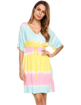 

Yellow Short Sleeve Tie Dye Drawstring Casual Dress, Multicolor