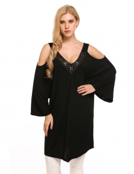 

Black Rivet V-Neck Cold Shoulder 3"4 Sleeve Loose Tunics, Multicolor