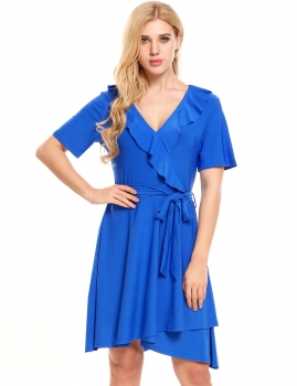 

Blue Short Sleeve Solid Ruffles Trimmed Belted Dress, Multicolor