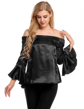 

Black Off the Shoulder Flare Sleeve Solid Satin Loose Fit Blouse, Multicolor