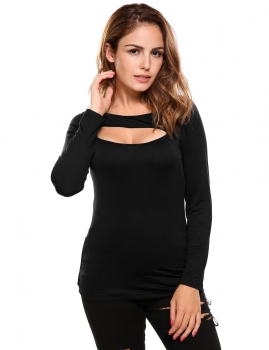 

Black Long Sleeve Keyhole Solid Slim Fit Pullover Blouse, Multicolor