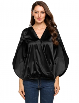 

Black Solid V-Neck Long Sleeve Loose Satin Wrap Tops, Multicolor