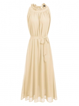 

Apricot Ruffle Collar Sleeveless A-Line Pleated Dress with Belt, Multicolor