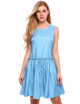 

Blue O-Neck Sleeveless Solid Pleated Dress, Multicolor