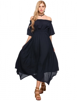 

Black Off The shoulder Asymmetric Hem Elastic Waist Long Dress, Multicolor