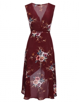 

Dark red Floral Print High Low Hem Wrap Dress, Multicolor