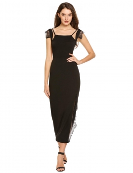 

Black Spaghetti Straps Patchwork Lace Backless Split Dress, Multicolor