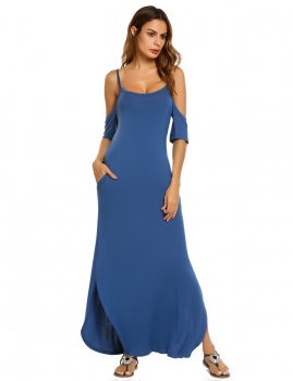 

Blue Cold Shoulder Solid Split Hem Dress with Pocket, Multicolor