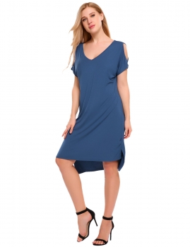 

Blue V-Neck Short Sleeve Solid Cold Shoulder Loose High Low Hem Dress, Multicolor