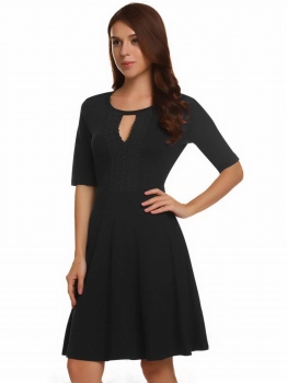 

Black Lace Keyhole Half Sleeve Fit and Flare Dress, Multicolor