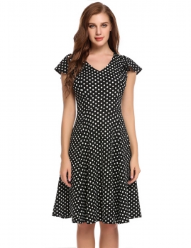 

Black V-Neck Butterfly Sleeve Floral Print Dot Swing Casual Dress, Multicolor