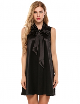 

Black Sleeveless Satin Glitter Bow Tie-Neck Shift Dress, Multicolor